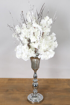 Yapay Çiçek Deposu - Kaliteli Metal Vazoda Beyaz Bahardalı Tanzimi 90 cm