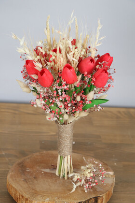 Yapay Çiçek Deposu - Lale Gelin Buketi Kuru Çiçekli Kırmızı Tonlar(Zoziva)