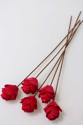 Yapay Çiçek Deposu - 5Li El Yapımı Ağaç Kabuğundan Dekoratif Gül Tombul Model Kırmızı