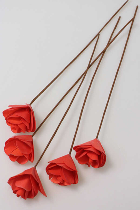 Yapay Çiçek Deposu - 5Li El Yapımı Ağaç Kabuğundan Dekoratif Gül Sivri Model Turuncu