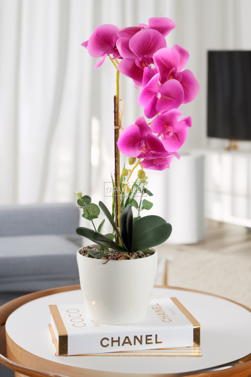 Saksıda Yapay Baskılı Islak Orkide 55 Cm Fuşya
