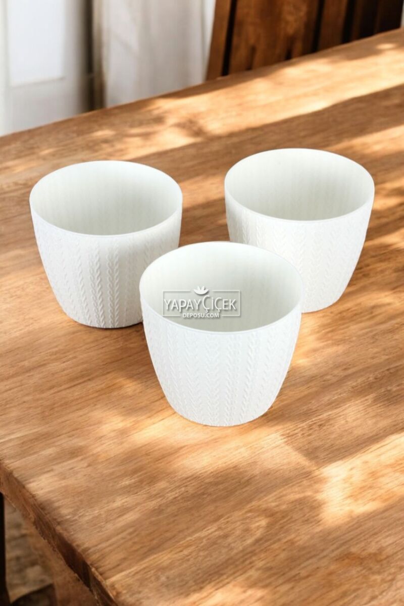 Estetik Saksı Başak Model 3lü Set Beyaz 1,5 Litre