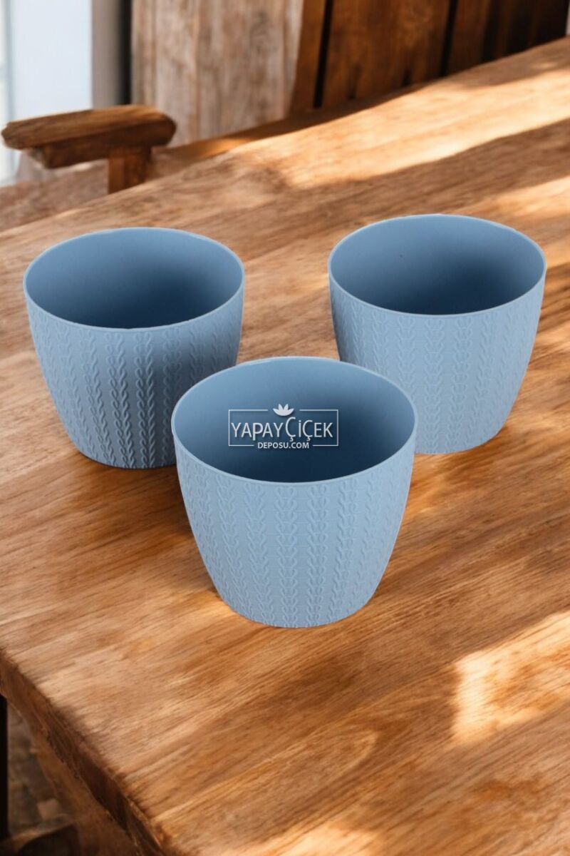Estetik Saksı Başak Model 3lü Set Soft Mavi 1,5 Litre