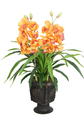 Yapay Çiçek Deposu - Vintage Kabartmalı Saksıda Yapay Islak Singapur Orkide 72 cm Turuncu