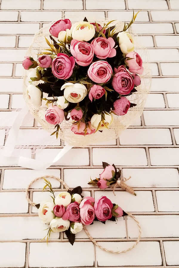 Gelin Çiçeği Annabel 3lü Set (gelin Buketi, Gelin Tacı, Yaka Çiçeği)