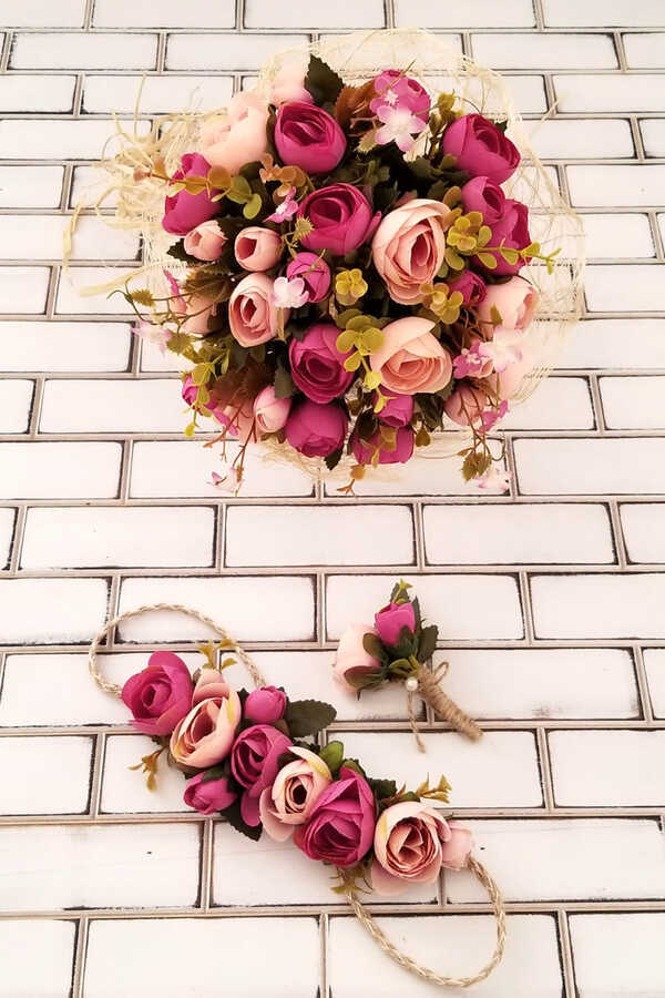 Gelin Çiçeği Athene 3lü Set (gelin Buketi, Gelin Tacı, Yaka Çiçeği)