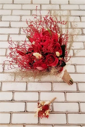Yapay Çiçek Deposu - Gelin Buketi Bahama Gül ve Kuru Çiçek Kokteyli 2li Set Kırmızı