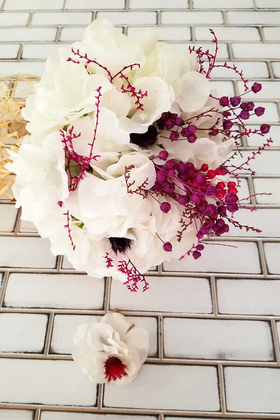 Gelin Buketi Beyaz Ortanca Kuru Çiçek Esintisi 2li Set - Thumbnail