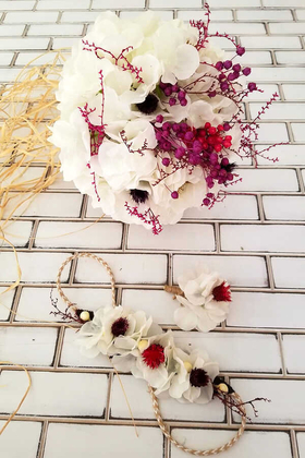Gelin Buketi Beyaz Ortanca Kuru Çiçek Esintisi 3lü Set - Thumbnail