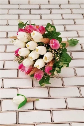 Yapay Çiçek Deposu - Delbin Gelin Buketi Pembe Beyaz Islak Lale Kuru Çiçek Esintisi 2li Set