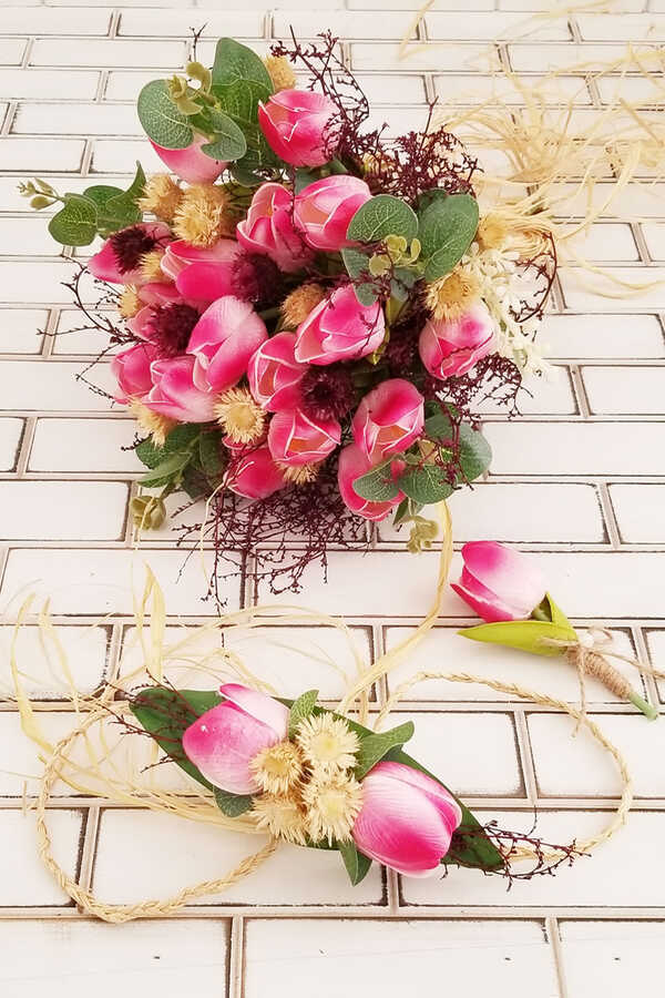 Delbin Gelin Buketi Pembe Islak Lale Çilek Esintisi 3lü Set