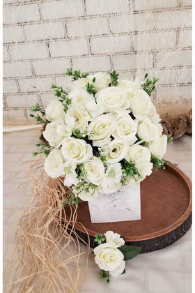 Yapay Çiçek Deposu - Gelin Buketi Demetria Krem Beyaz Şakayık Güller 2li Set