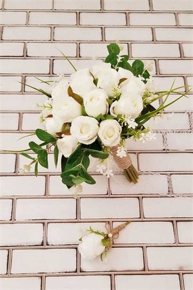 Yapay Çiçek Deposu - Beyaz Güller Esen Gelin Çiçeği 2li Set