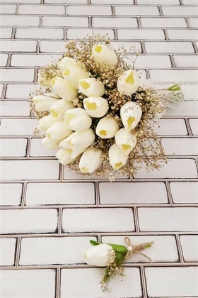 Yapay Çiçek Deposu - Gelin Buketi Frido Beyaz Islak Lale Cipso Şöleni 2li Set