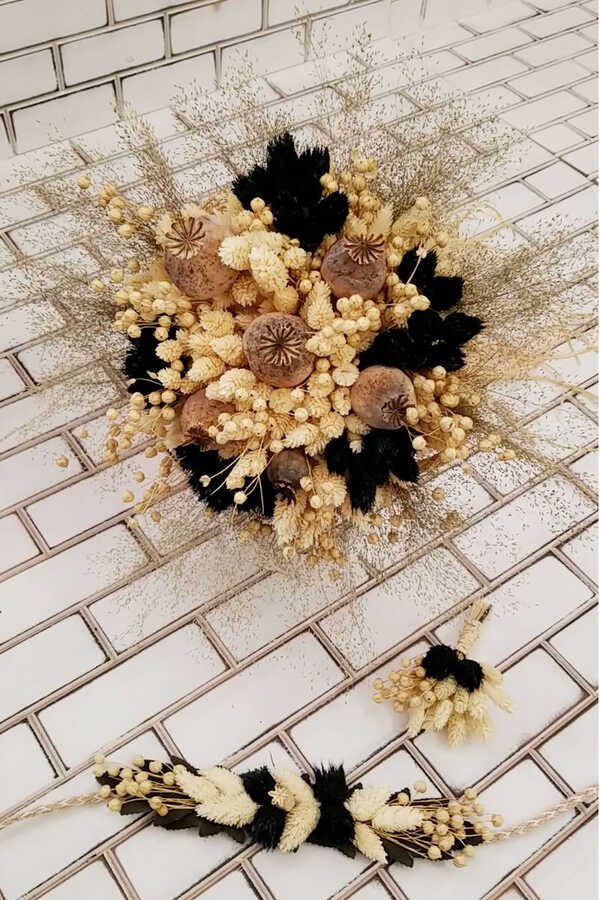 Kuru Çiçek Gelin Buketi Clara Lacivert Bej Naturel 3lü Set