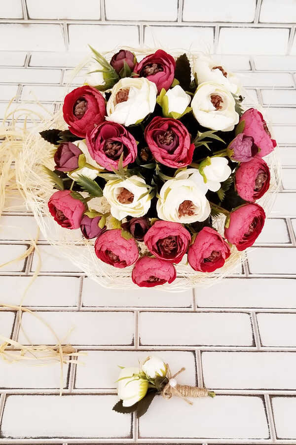 Gelin Buketi Menefer Bordo - Beyaz Şakayıklar 2li Set