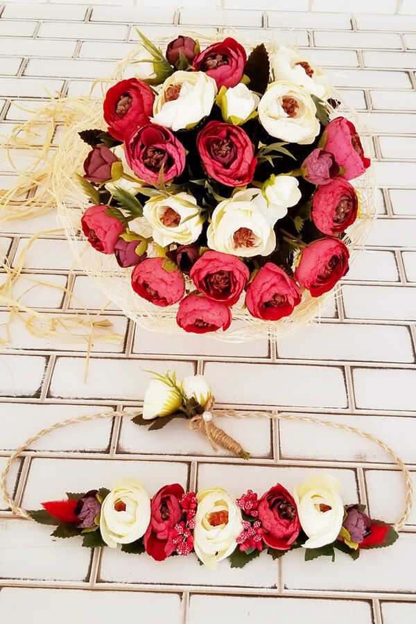 Gelin Buketi Menefer Bordo - Beyaz Şakayıklar 3lü Set