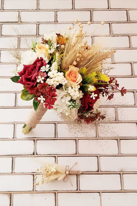 Yapay Çiçek Deposu - Gelin Buketi Rimo Pastel Tonlar Gül ve Kuru Çiçek Karnavalı Bordolu 2li Set