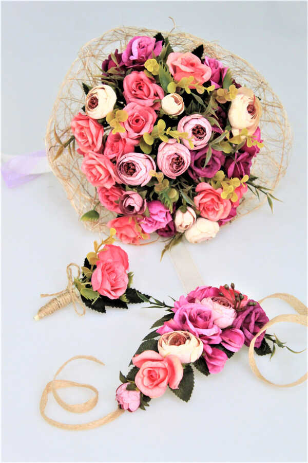 Gelin Çiçeği Valente 3lü Set (gelin Buketi, Yaka Çiçeği Ve Gelin Tacı)