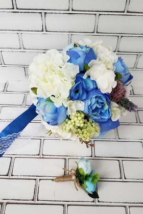 Yapay Çiçek Deposu - Gelin Buketi Zoya Mavi Şakayıklar ve Beyaz Ortanca 2li Set