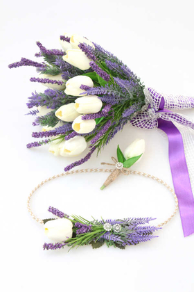 Yapay Çiçek Deposu - Gelin Buketi Zeyna 3lü Set(Beyaz Islak Lale)