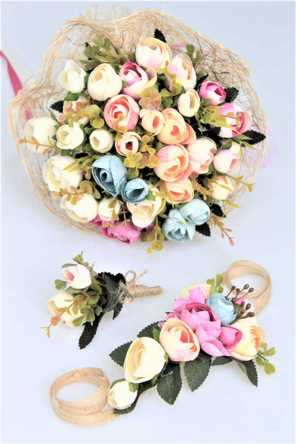 Gelin Çiçeği Flora 3lü Set (gelin Buketi, Yaka Çiçeği Ve Gelin Tacı)