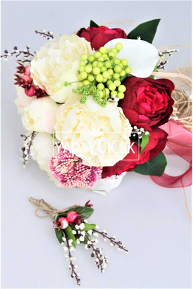 Yapay Çiçek Deposu - Gelin Çiçeği Monalisa 2li Set (Gelin Buketi, Yaka Çiçeği)