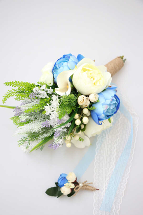 Yapay Çiçek Deposu - Gelin Buketi Alonso 2li Set Mavi-Beyaz