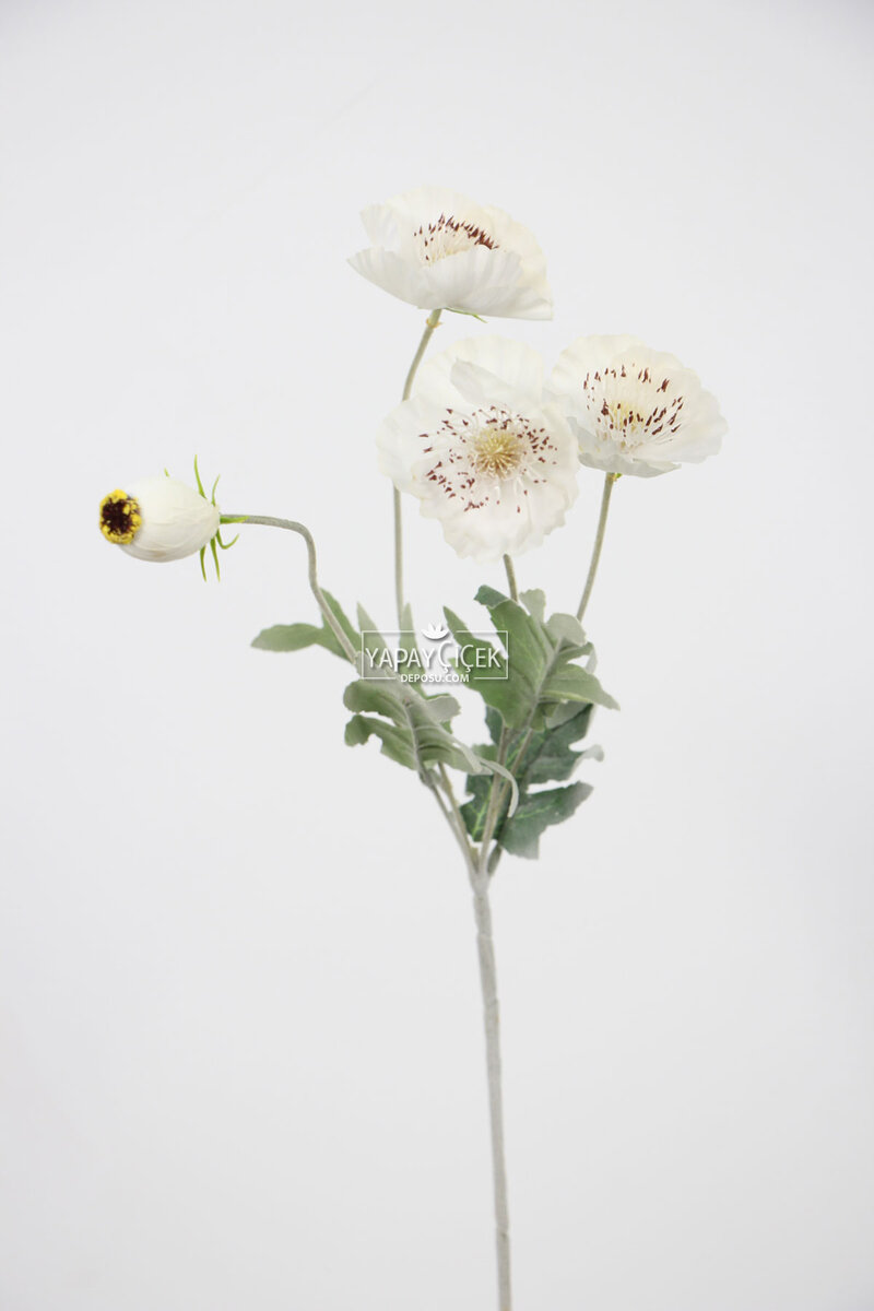 Yapay Çiçek Tozlu Lüx 4lü Gelincik Dalı 60 Cm Beyaz