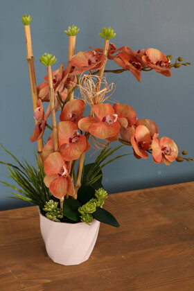Yapay Çiçek Deposu - Melamin Saksıda Exclusive Islak Yapay 2 Dal Orkide Turuncu