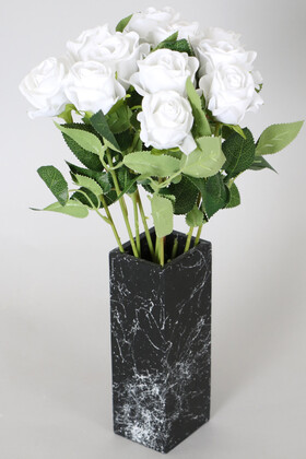Yapay Çiçek Deposu - Mermer Desenli Siyah Vazoda 11 Dallı Kadife Gül Demeti Beyaz 40 Cm