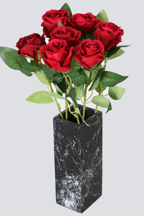 Yapay Çiçek Deposu - Mermer Desenli Siyah Vazoda 7 Dallı Kadife Gül Demeti Kırmızı 40 Cm