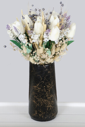 Yapay Çiçek Deposu - Mermer Desenli Lüks Siyah Vazoda Yapay Çiçek Lale Tanzimi 35 cm Tarda