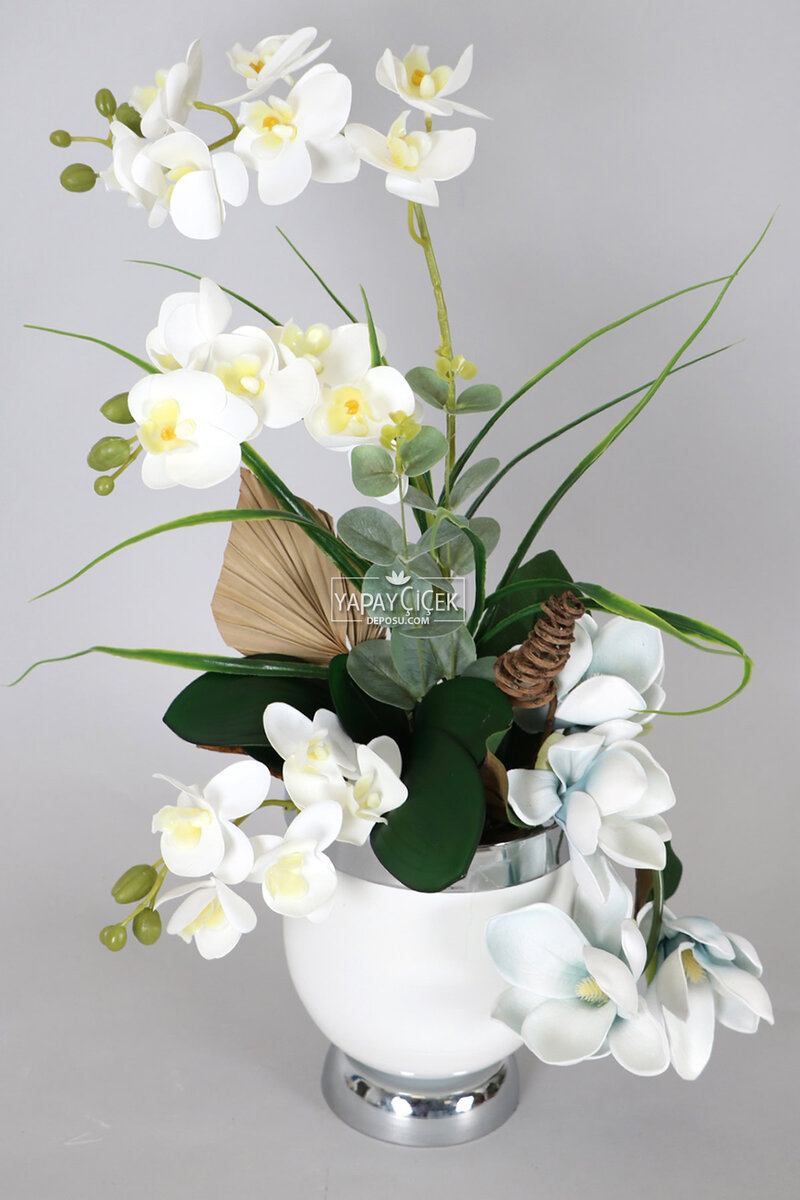 Metal Beyaz-Gümüş Saksıda Lüks Yapay Islak Orkide Manolya Aranjmanı