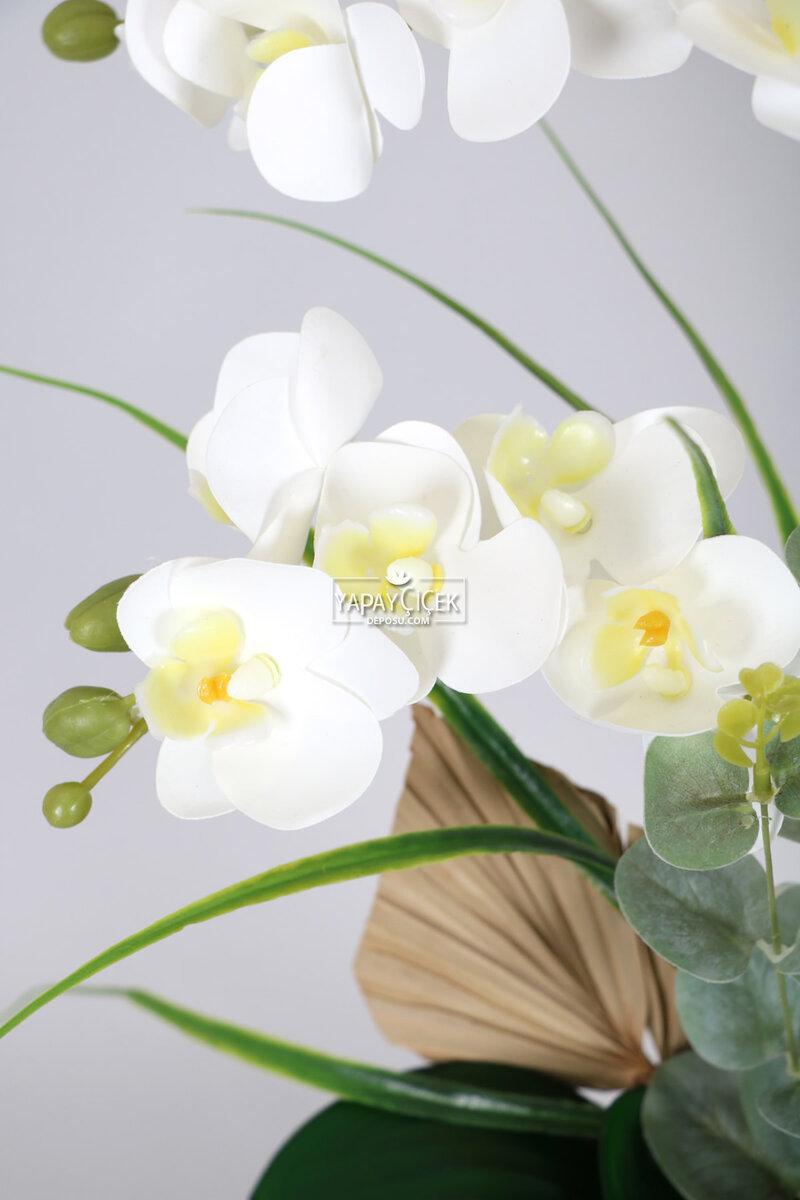 Metal Beyaz-Gümüş Saksıda Lüks Yapay Islak Orkide Manolya Aranjmanı