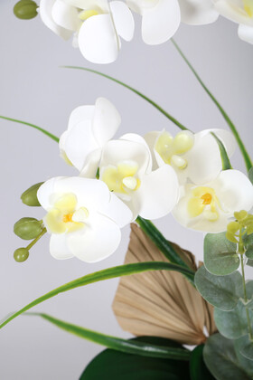 Metal Beyaz-Gümüş Saksıda Lüks Yapay Islak Orkide Manolya Aranjmanı - Thumbnail