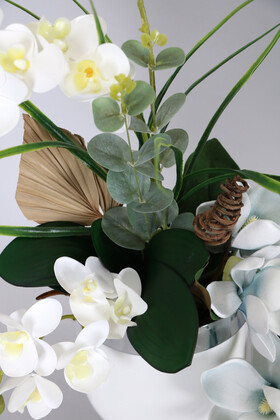 Metal Beyaz-Gümüş Saksıda Lüks Yapay Islak Orkide Manolya Aranjmanı - Thumbnail