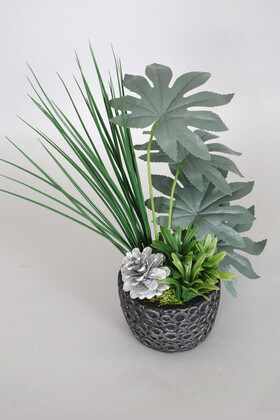 Yapay Çiçek Deposu - Kabartmalı Saksıda Gümüş Kozalaklı Yapay Bitki Tanzimi 36 cm