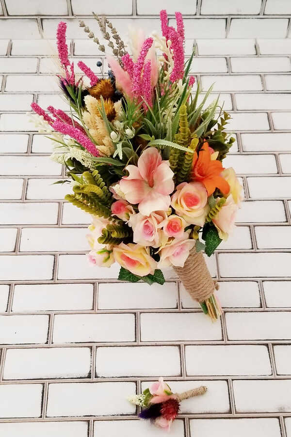 Gelin Buketi Alekto Gül Lilyum Kuru Kokteyl Turuncu Pembe 2li Set