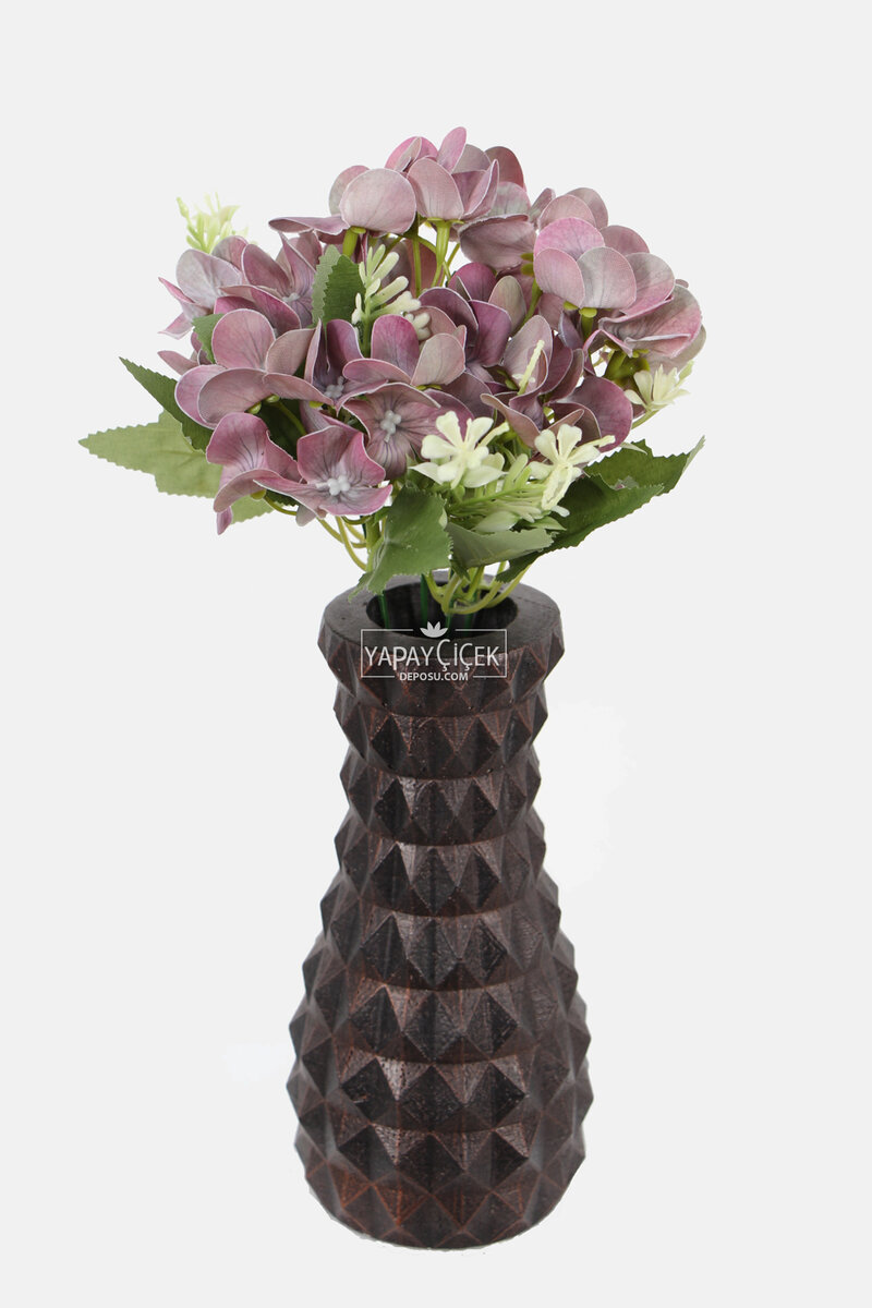 Lüx Beton Vintage Vazoda Yapay Ortanca Tanzimi 30 Cm Gül Kurusu