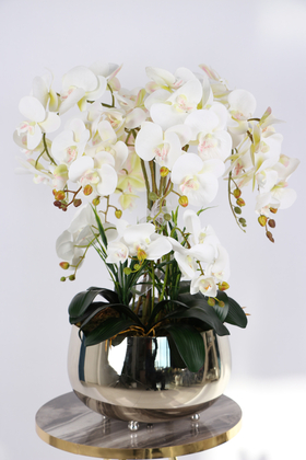 Yapay Çiçek Deposu - Metal Gümüş Saksıda Lüx 10lu Orkide Beyaz