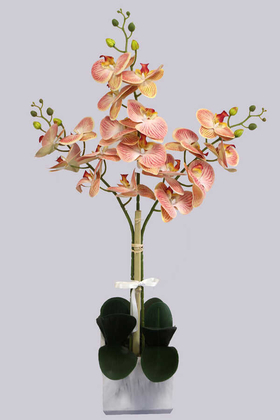 Yapay Çiçek Deposu - Mermer Görünümlü Beton Saksıda 3lü Yapay Orkide Tanzim Kavuniçi 80cm