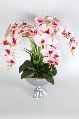 Yapay Çiçek Deposu - Metal Kabartmalı Saksıda 5 Dal Yapay Orkide Aranjmanı Fuşya Krem