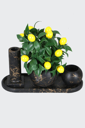Yapay Çiçek Deposu - Mermer Desenli Tepsili Yapay Kuru Çiçek Tanzimi 3lü Set Model 14