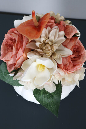 Beton Saksıda Nişan Düğün Salon Masa Çiçeği Krem Turuncu - Thumbnail