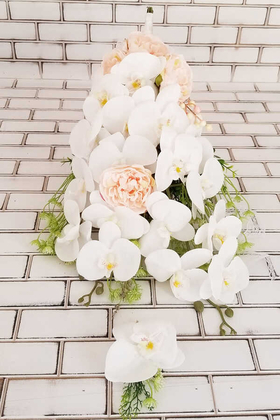 Yapay Çiçek Deposu - Islak Orkide ve Şakayık Güller Gelin Çiçeği Beyaz Somon 2li set