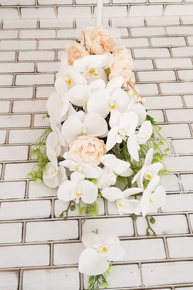 Islak Orkide ve Şakayık Güller Gelin Çiçeği Beyaz Somon 2li set - Thumbnail