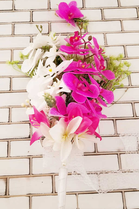 Islak Delux Orkide Lilyum Şöleni Gelin Çiçeği Fuşya Beyaz 2li set - Thumbnail