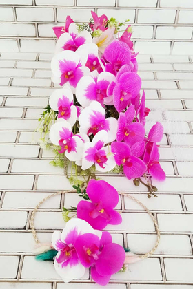 Yapay Çiçek Deposu - Islak Delux Orkide Lilyum Şöleni Gelin Çiçeği Fuşya 3lü set