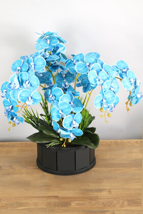Dekoratif Ahşap Saksıda 7 Dal Orkide Tanzimi Mavi - Thumbnail